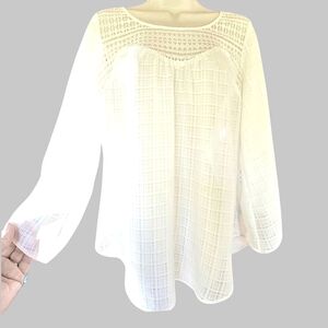 AGB Women's Creamy White Lace & Plaid textured 3/4 Sleeve Pullover Blouse